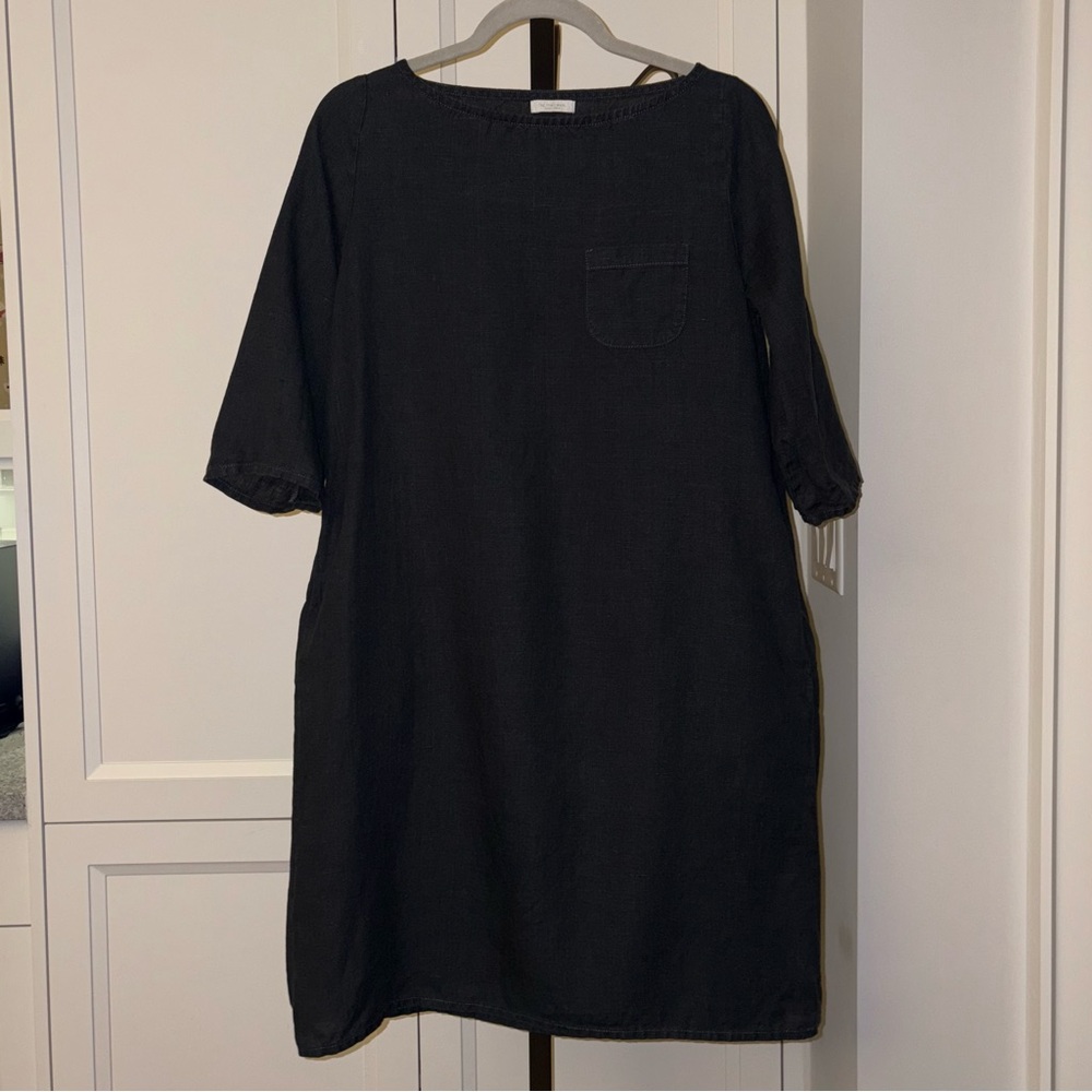 Fog Linen Work Black 100% Linen Shift Dress w Pockets Size Small Relaxed Natural
